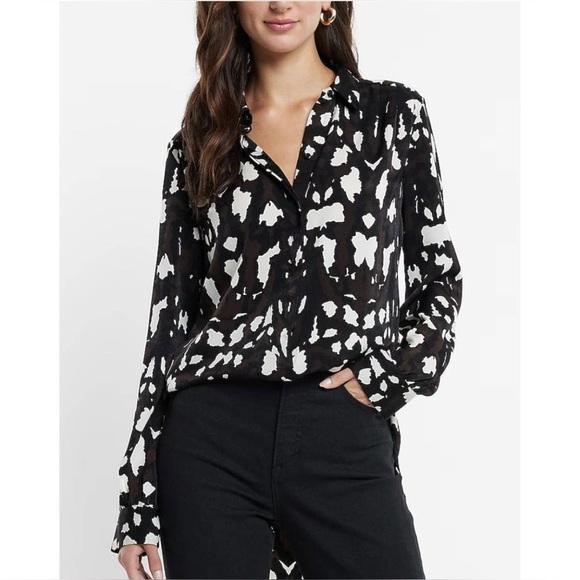 EXPRESS Portofino Shirt Black, Brown & White Abstract Print Button-Down Shirt XS - Picture 1 of 12